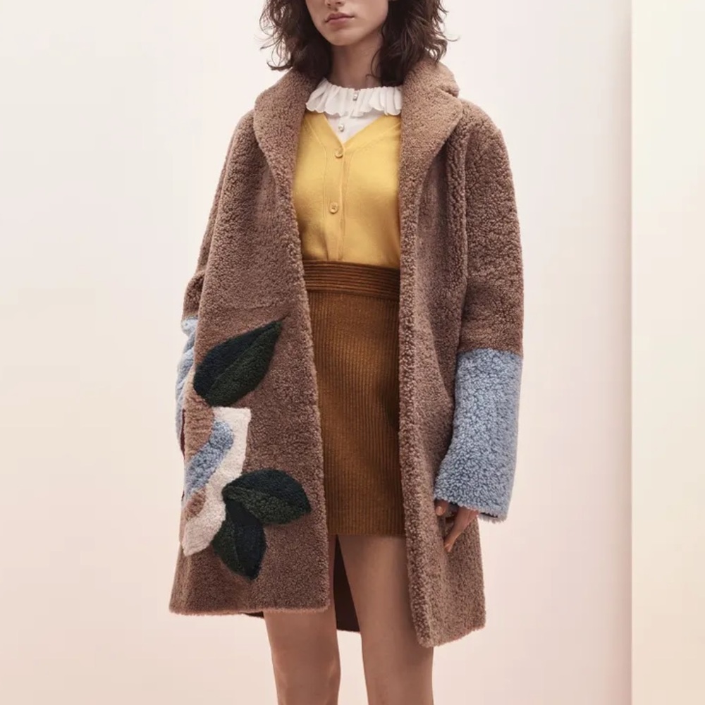 SANDRO PARIS NWT! DEWI LAMBSKIN SHEARLING TEDDY BR COAT-CAMEL.SZ 1 RETAIL $2390 - Picture 3 of 10